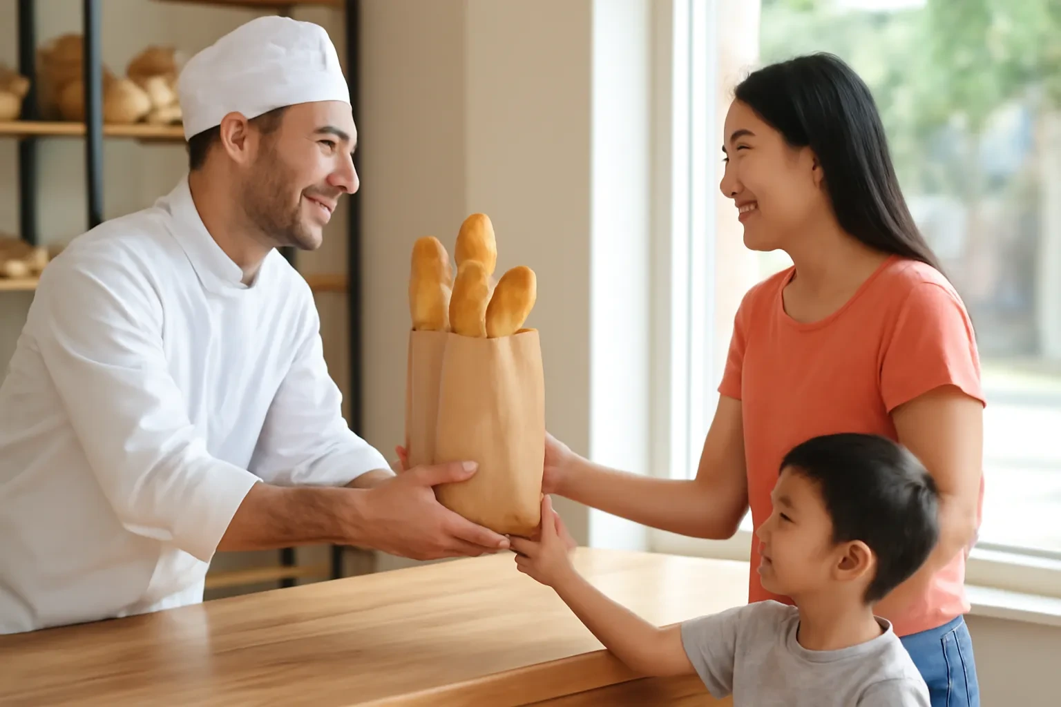 Người thợ bánh đưa túi bánh mì cho người mẹ đang nắm tay con nhỏ