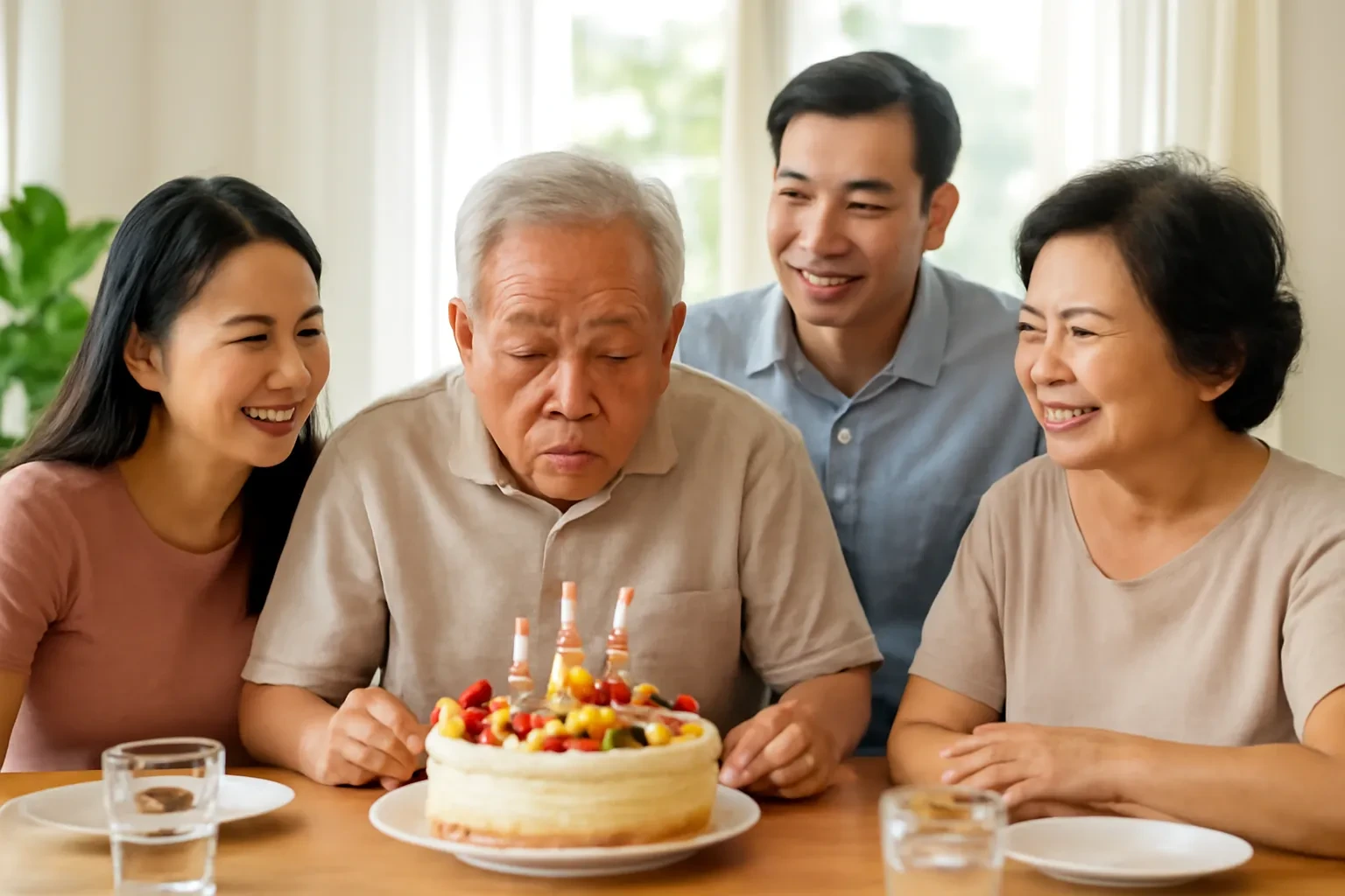 Gia đình ba thế hệ quây quần bên bàn, ông thổi nến trên chiếc bánh trái cây
