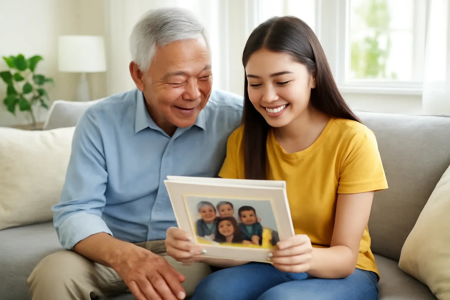 Ông và cháu gái ngồi trên sofa cùng xem một khung ảnh gia đình