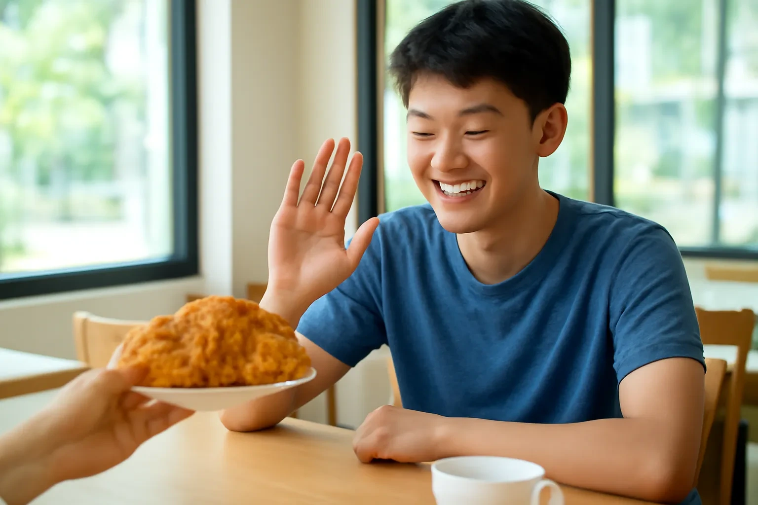 Cậu thiếu niên lắc đầu cười, giơ tay từ chối chiếc bánh sừng bò bạn mời trong quán cà phê