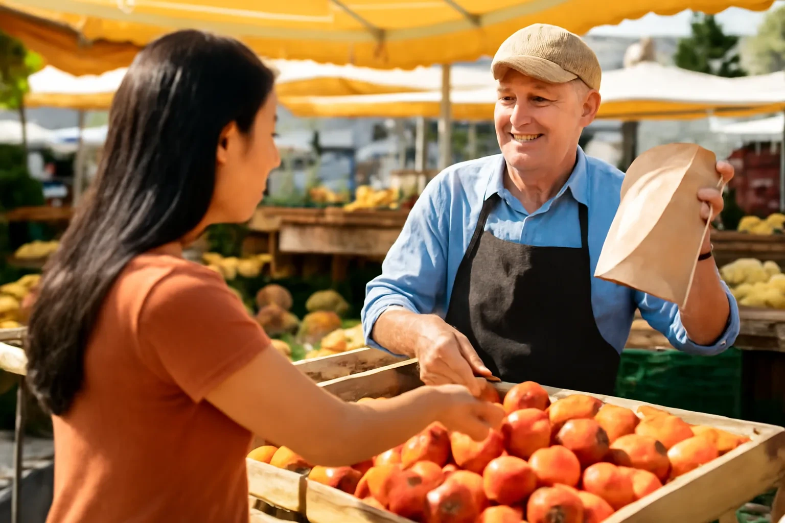 Cô gái Việt chỉ vào thùng đào chín, người bán hàng Pháp cầm túi giấy chờ ở chợ phiên