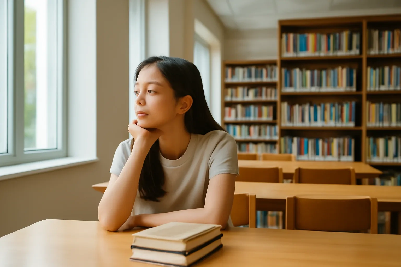 Cô gái ngồi bàn dài trong thư viện, chống cằm nhìn ra ô cửa sổ cao, chồng sách đóng bên cạnh