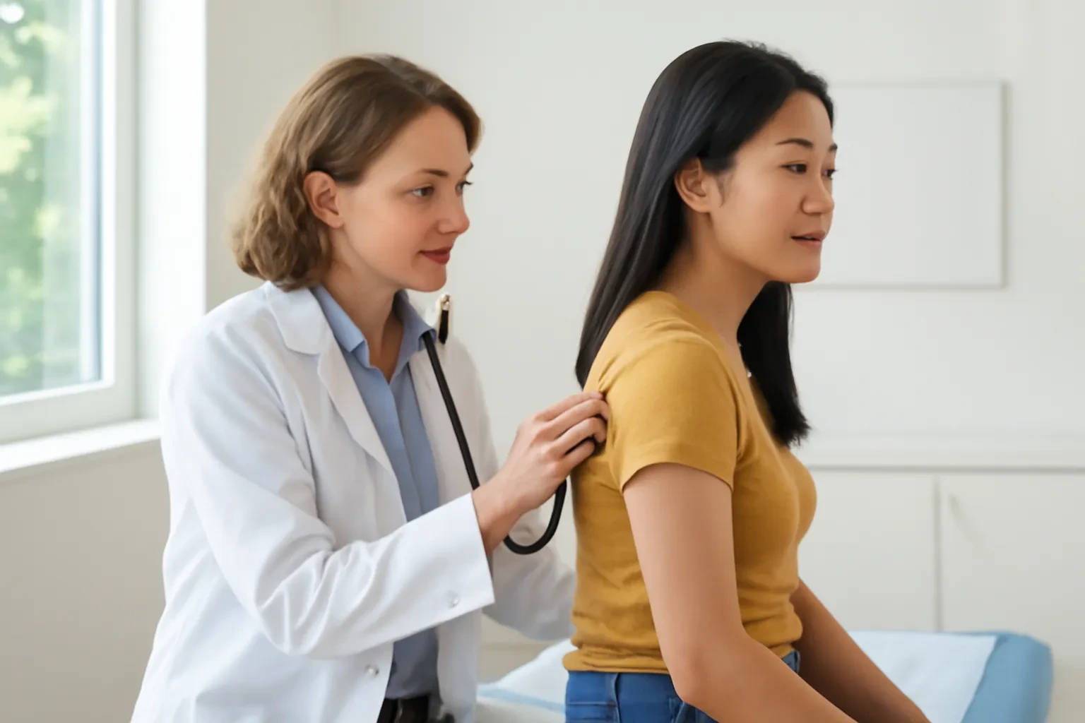 Nữ bác sĩ dùng ống nghe khám lưng cho cô gái ngồi trên giường khám