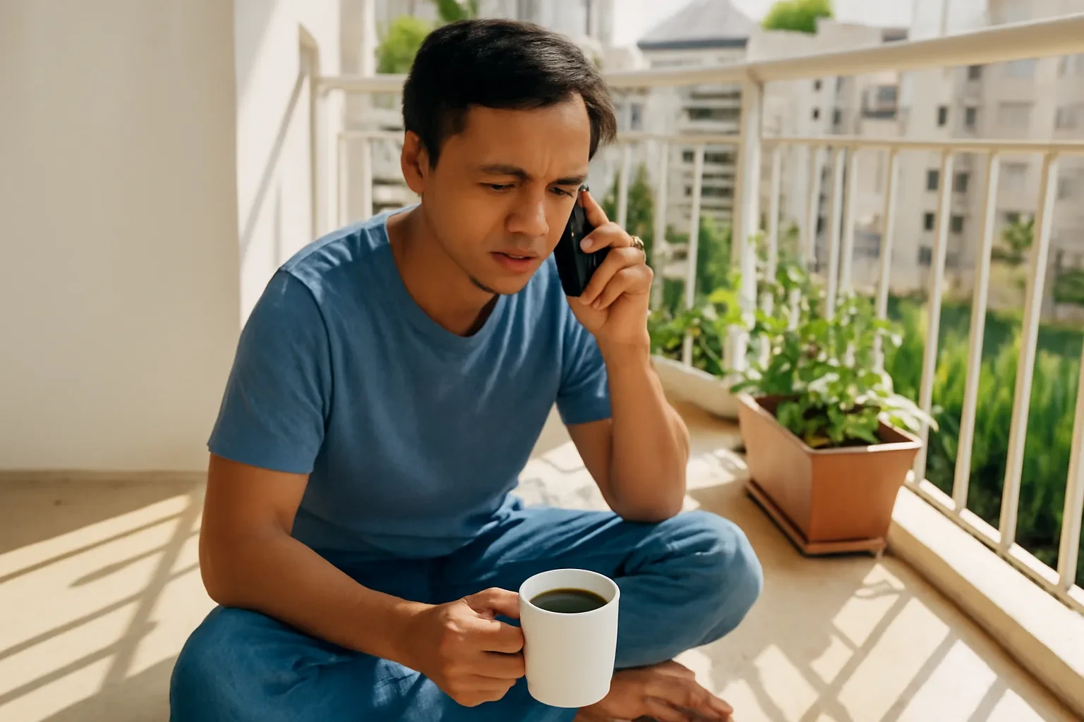 Người đàn ông ngồi ngoài ban công nắng, cầm tờ báo gấp và ghi chép vào sổ
